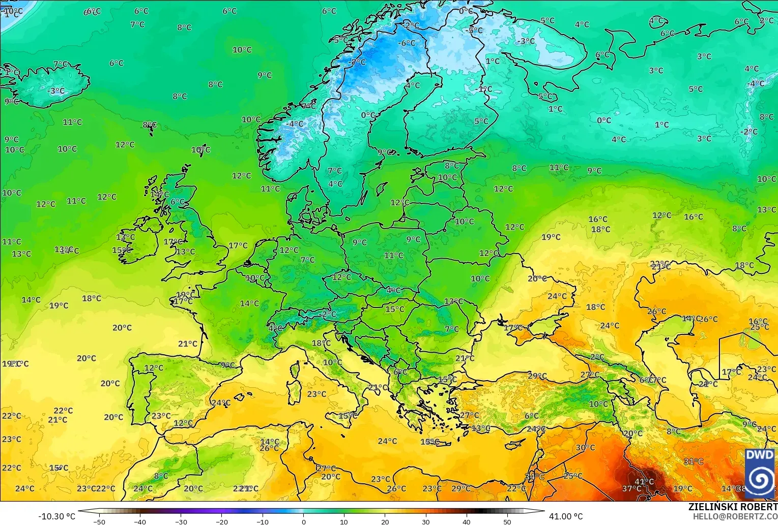 ICON model - Europe, Temperature at 2m