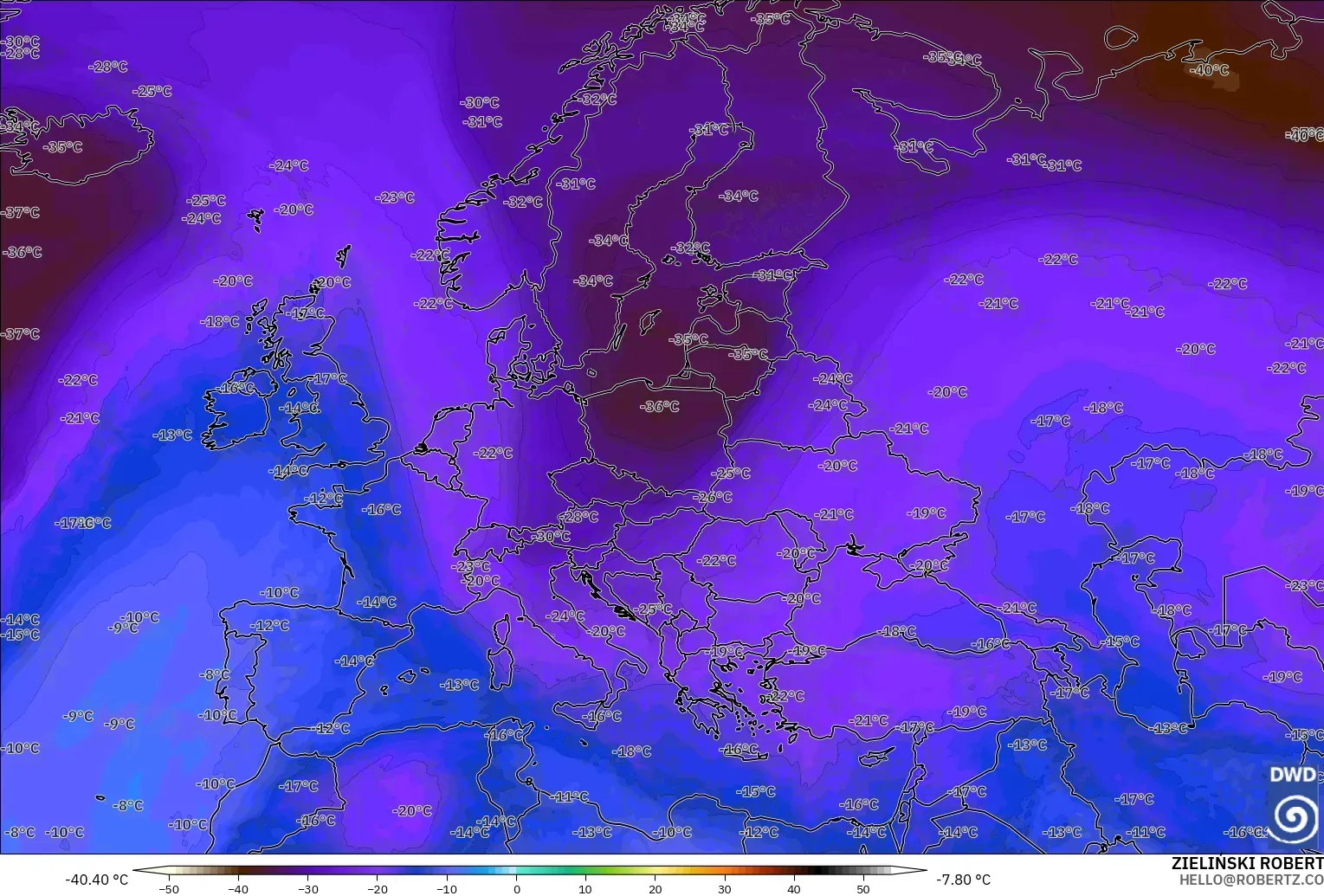 ICON model - Europe, Temperature at 500hPa