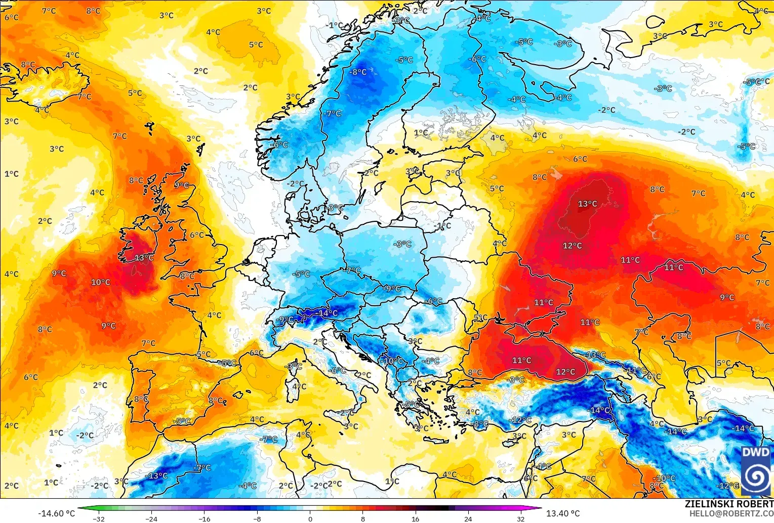 ICON model - Europe, Temperature at 850hPa Anomaly