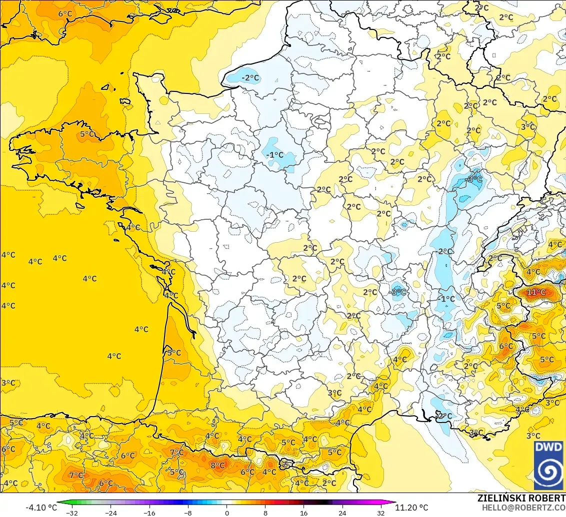 ICON model - France, Temperature at 2m Anomaly