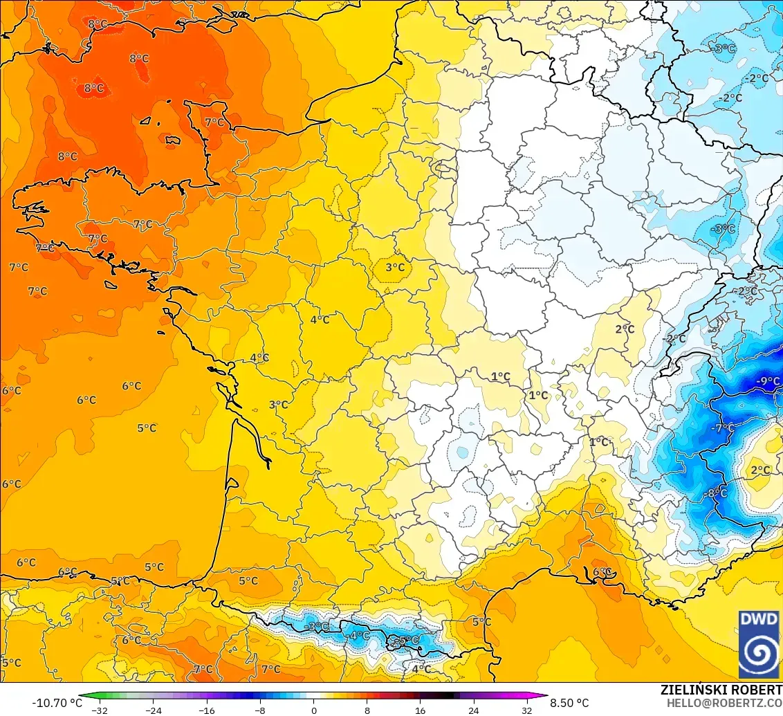 ICON model - France, Temperature at 850hPa Anomaly