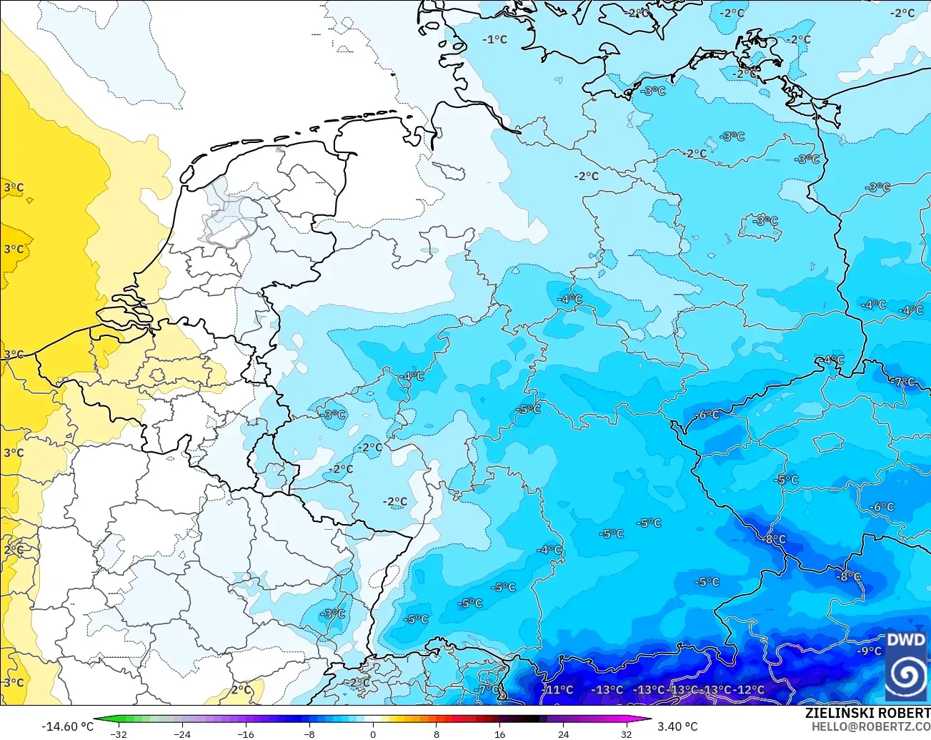 ICON model - Germany, Temperature at 850hPa Anomaly
