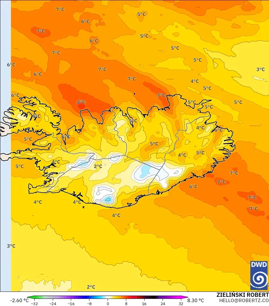 ICON model - Iceland, Temperature at 850hPa Anomaly