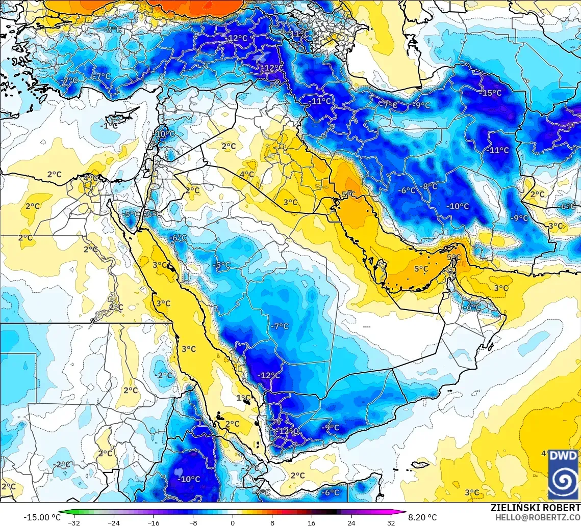 ICON model - Middle East, Temperature at 850hPa Anomaly