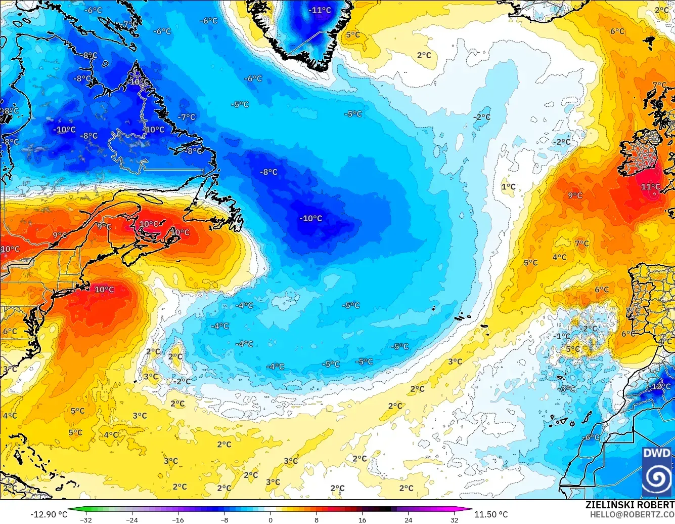 ICON model - North Atlantic, Temperature at 850hPa Anomaly