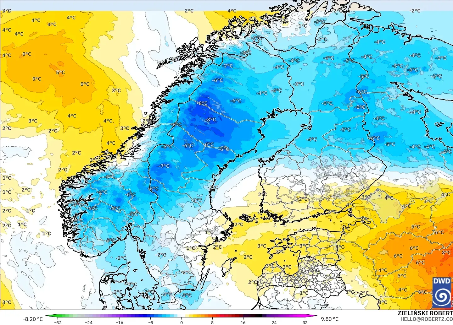 ICON model - Scandinavia, Temperature at 850hPa Anomaly