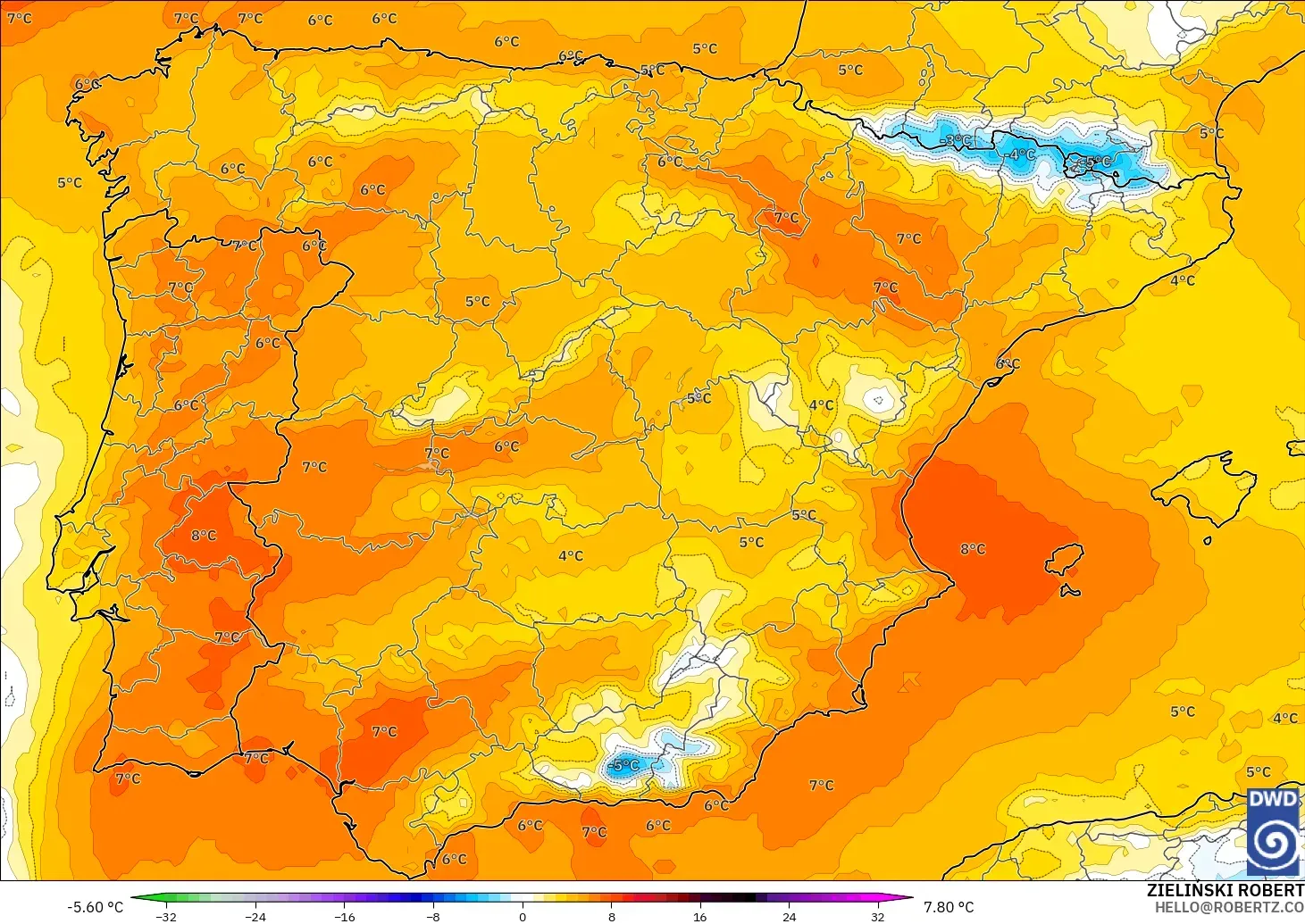 ICON model - Spain, Temperature at 850hPa Anomaly