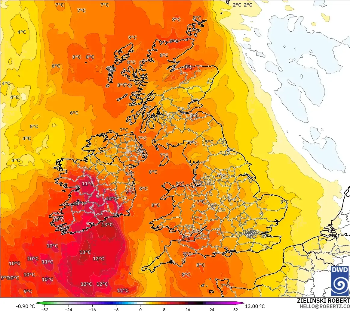 ICON model - United Kingdom, Temperature at 850hPa Anomaly