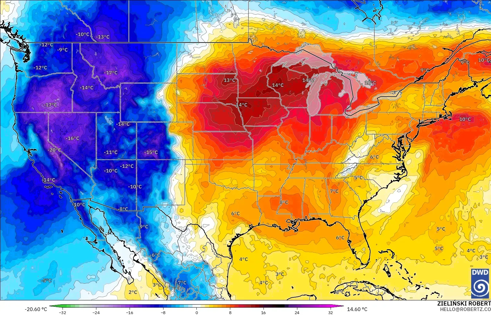 ICON model - United States, Temperature at 850hPa Anomaly