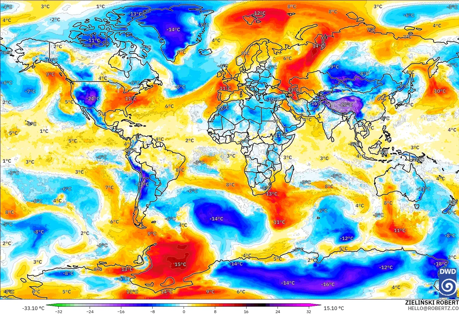 ICON model - World, Temperature at 850hPa Anomaly