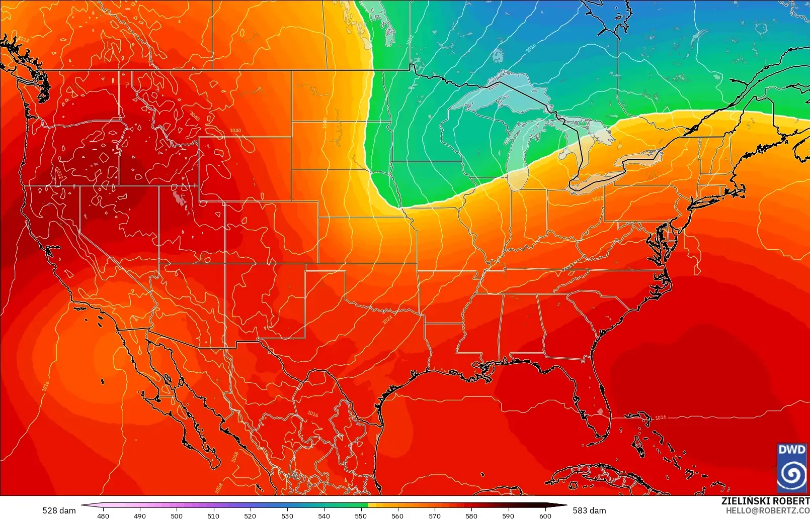 ICON model - United States, Geopotential height at 500hPa