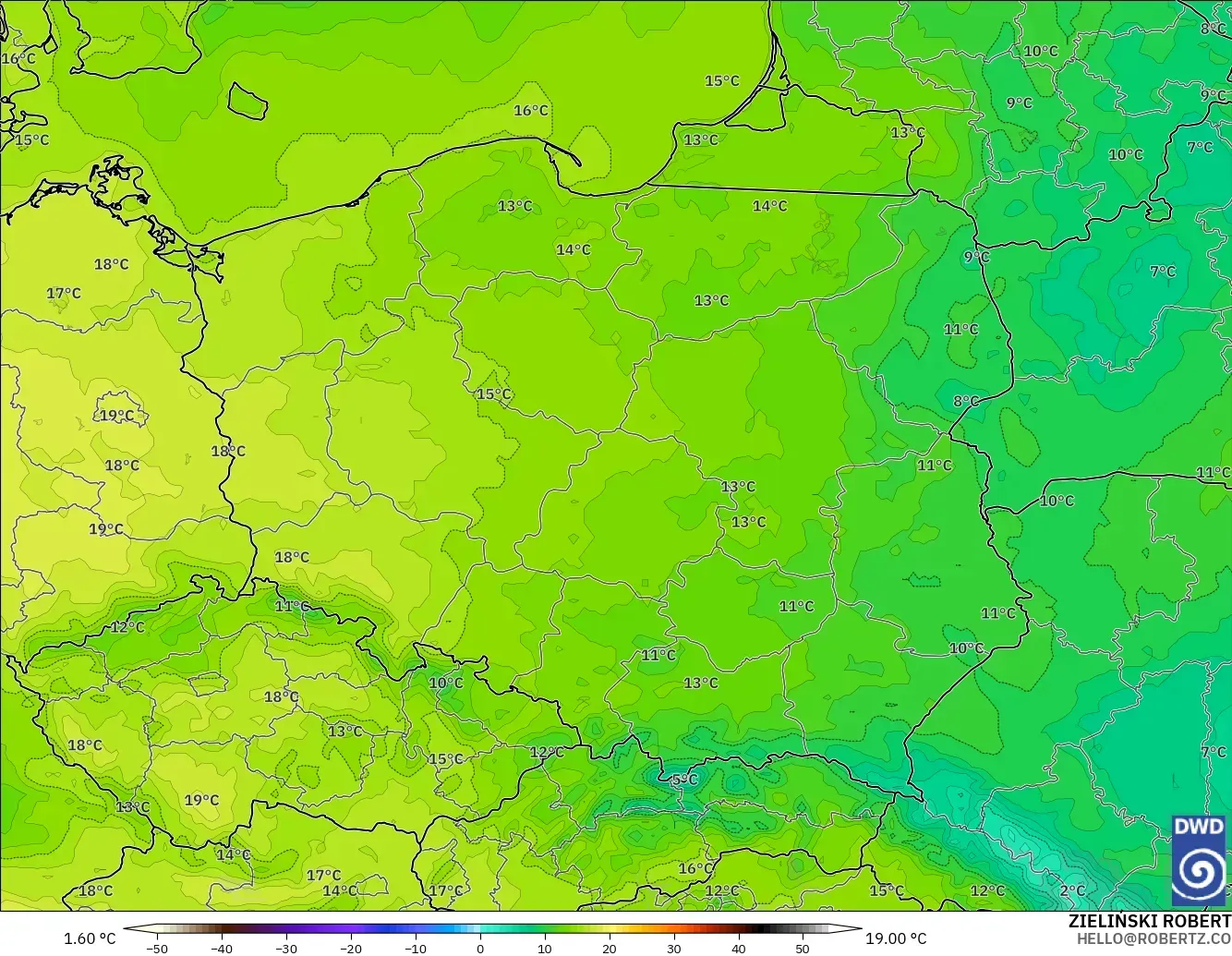 ICON model - Poland, Temperature at 2m