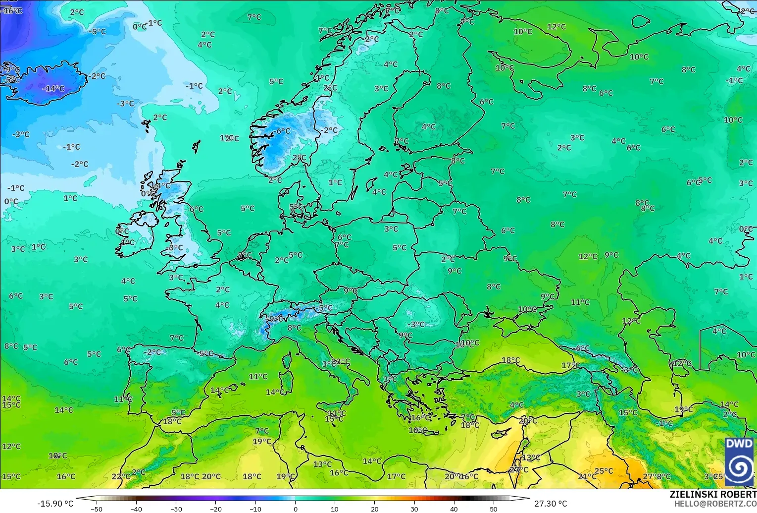 ICON model - Europe, Temperature at 850hPa