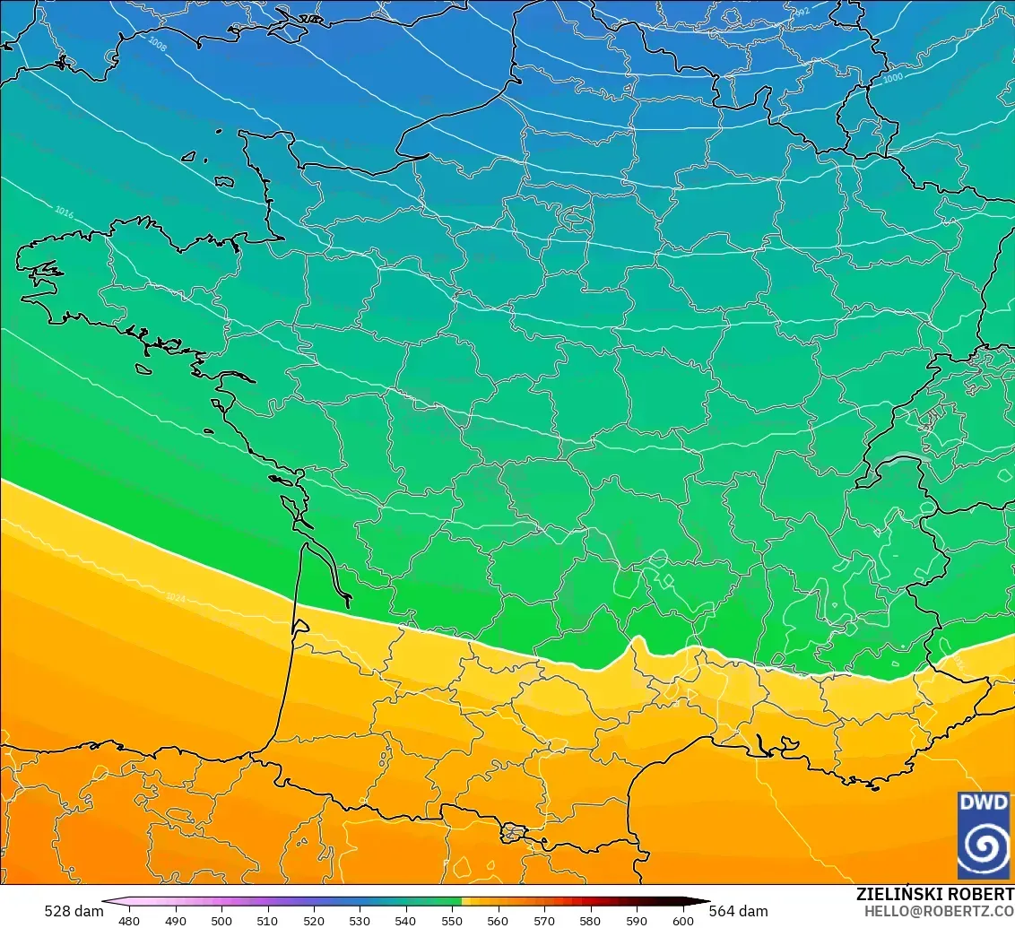 ICON model - France, Geopotential height at 500hPa
