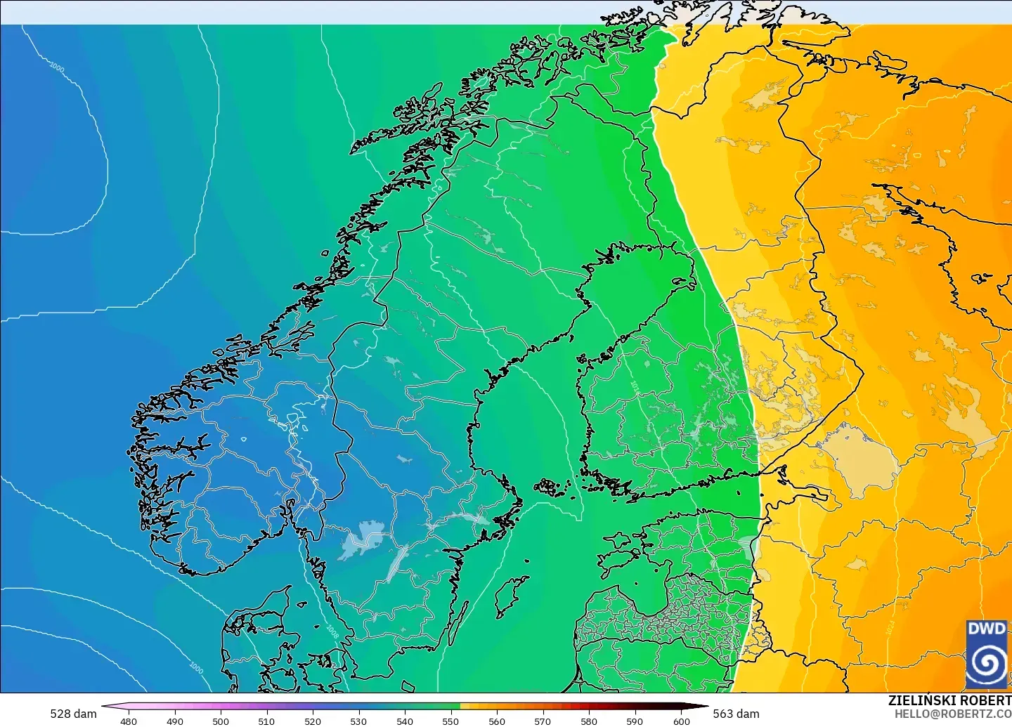 ICON model - Scandinavia, Geopotential height at 500hPa