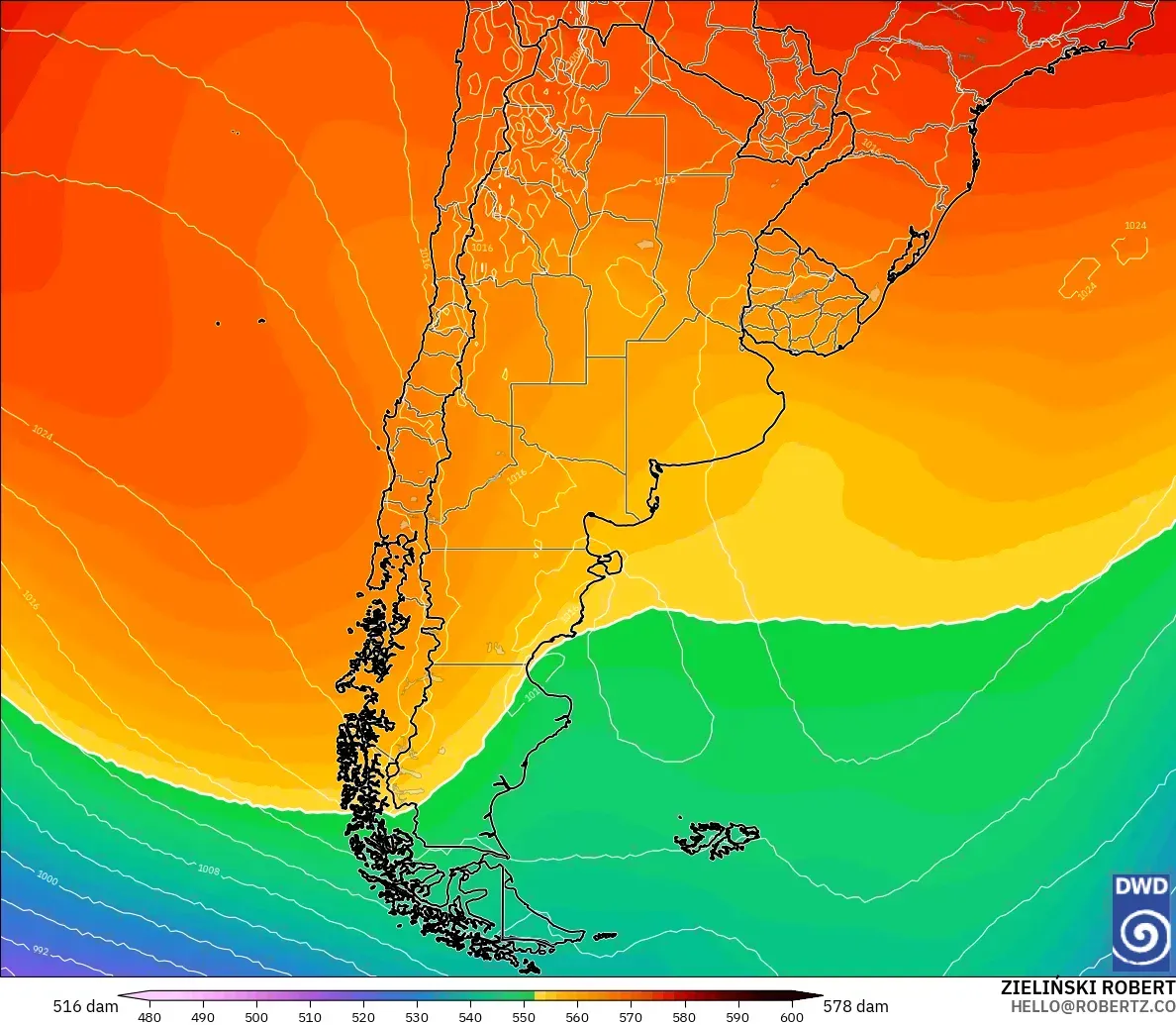 ICON model - Argentina, Geopotential height at 500hPa