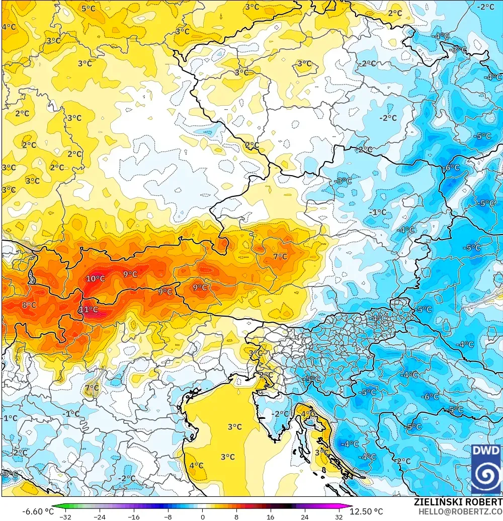 ICON model - Austria, Temperature at 2m Anomaly