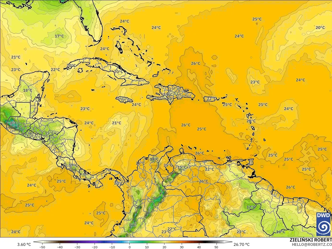 ICON model - Caribbean, Dewpoint at 2m