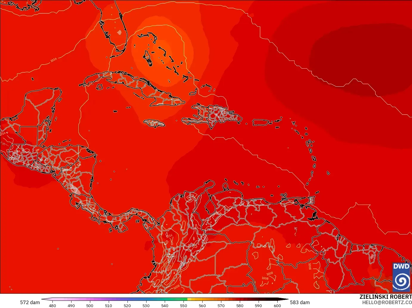 ICON model - Caribbean, Geopotential height at 500hPa