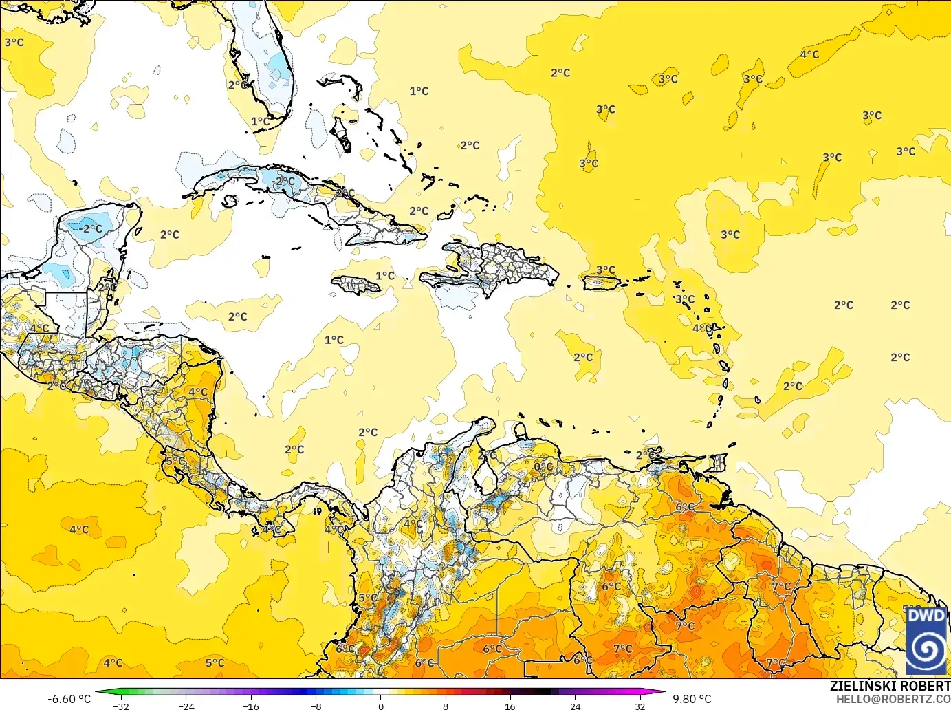 ICON model - Caribbean, Temperature at 2m Anomaly