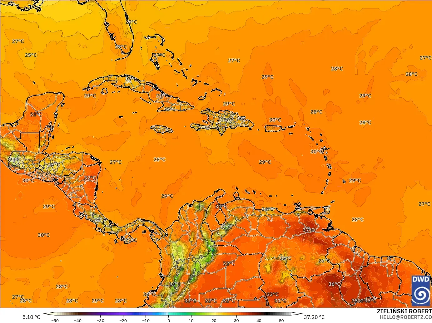 ICON model - Caribbean, Temperature at 2m