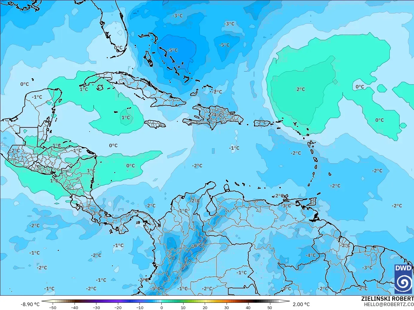 ICON model - Caribbean, Temperature at 500hPa
