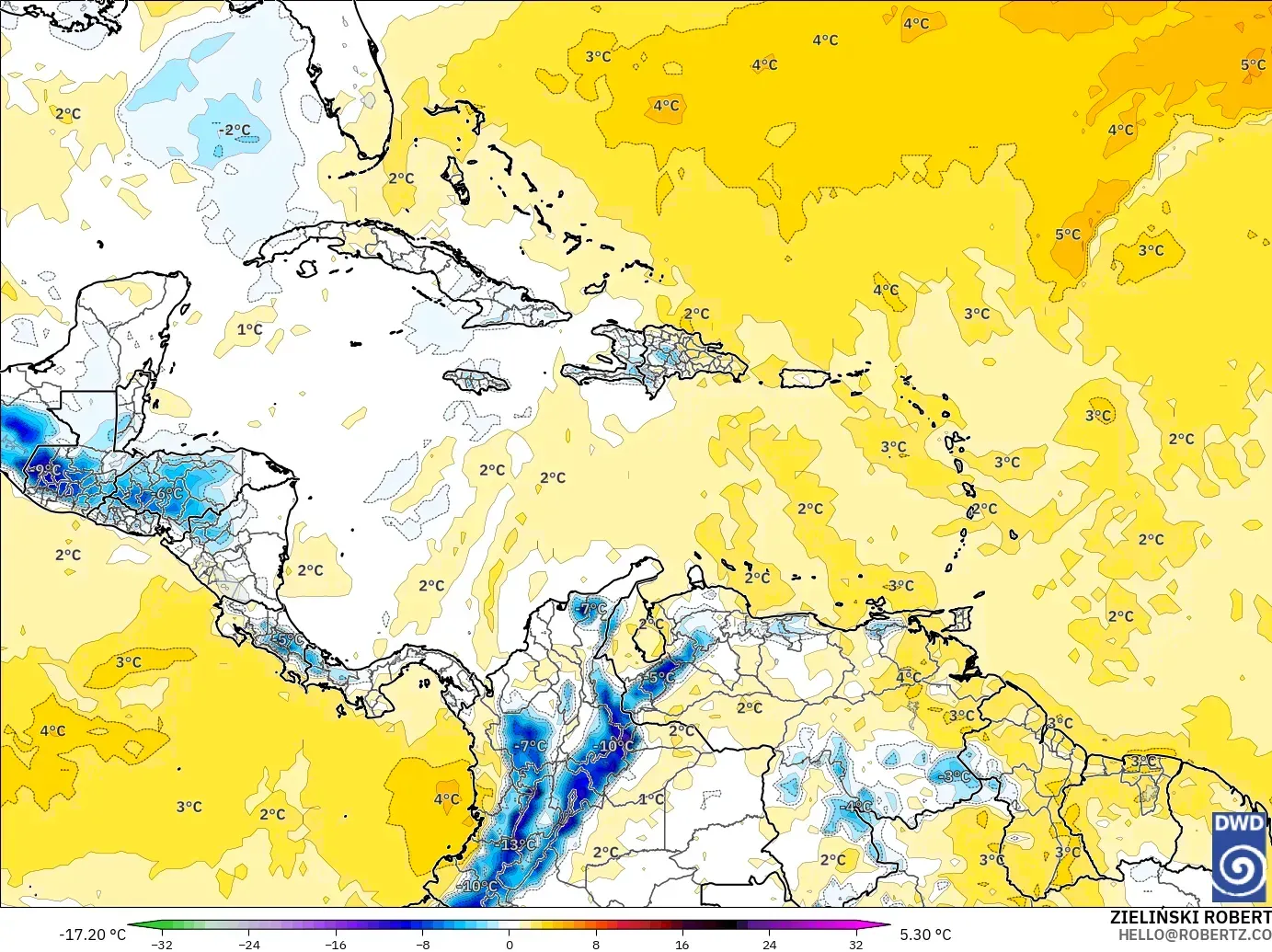 ICON model - Caribbean, Temperature at 850hPa Anomaly