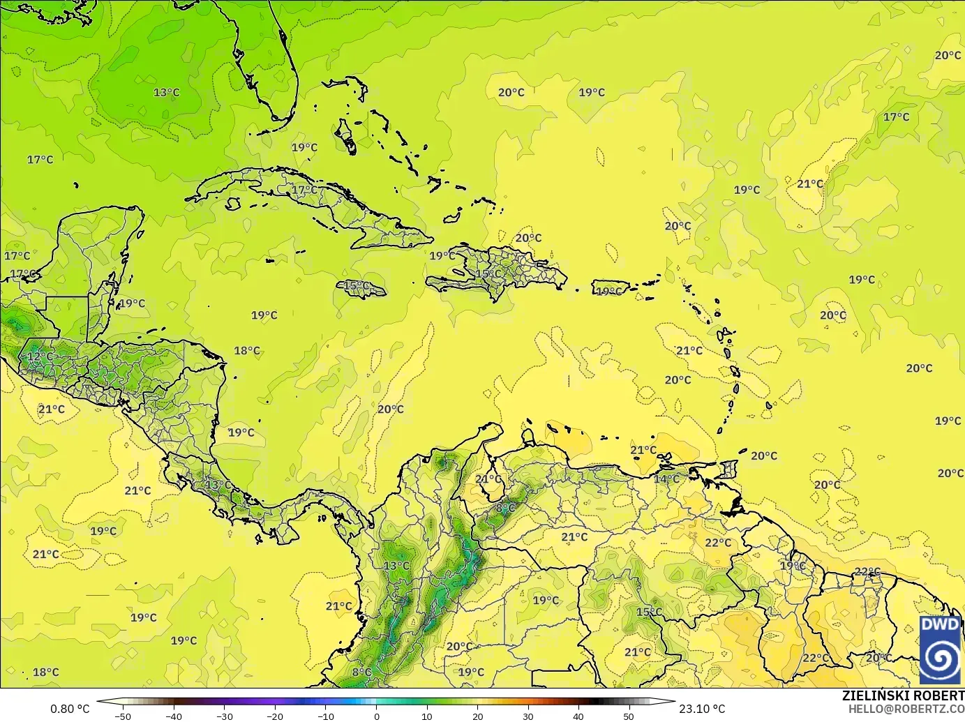 ICON model - Caribbean, Temperature at 850hPa