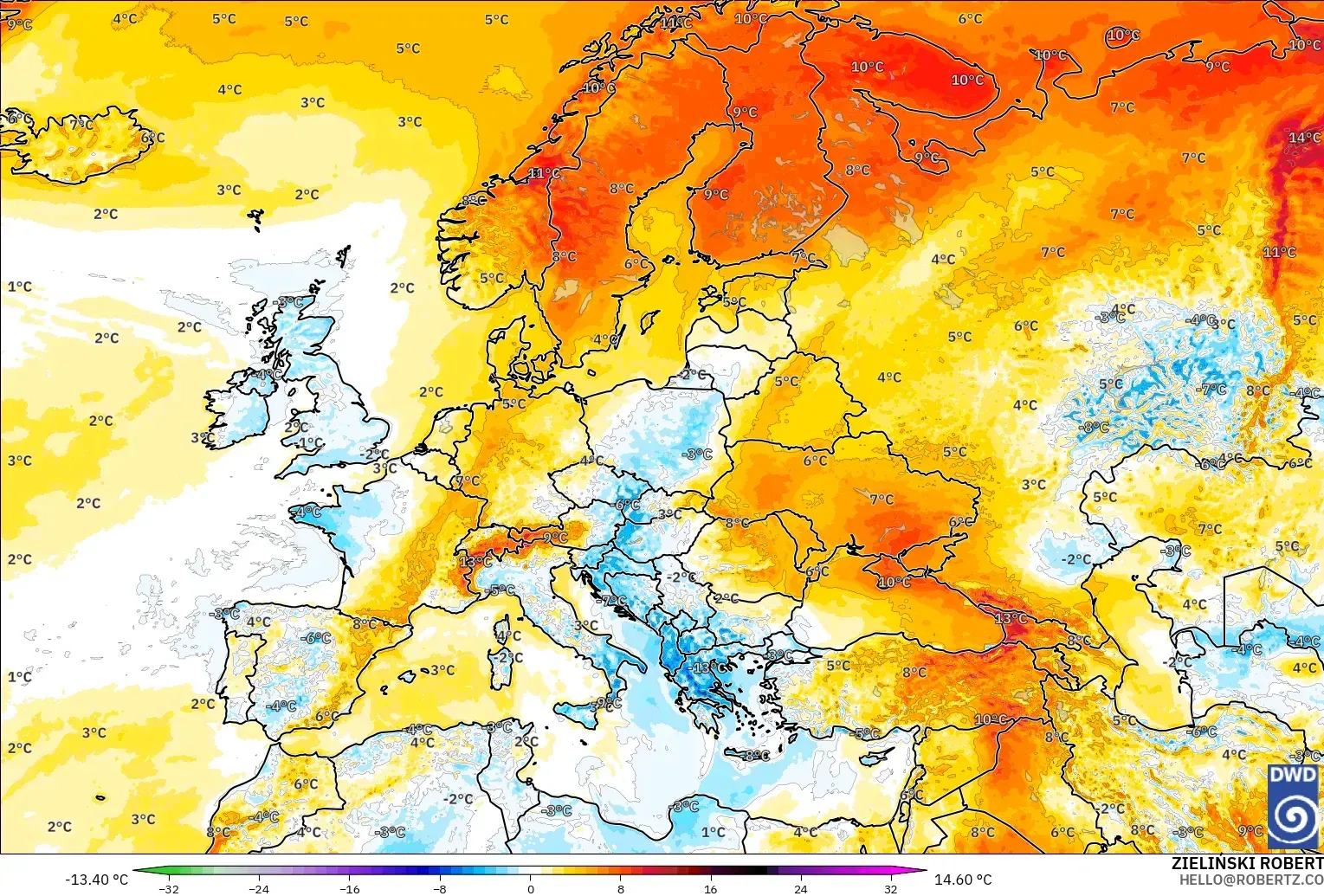 ICON model - Europe, Temperature at 2m Anomaly