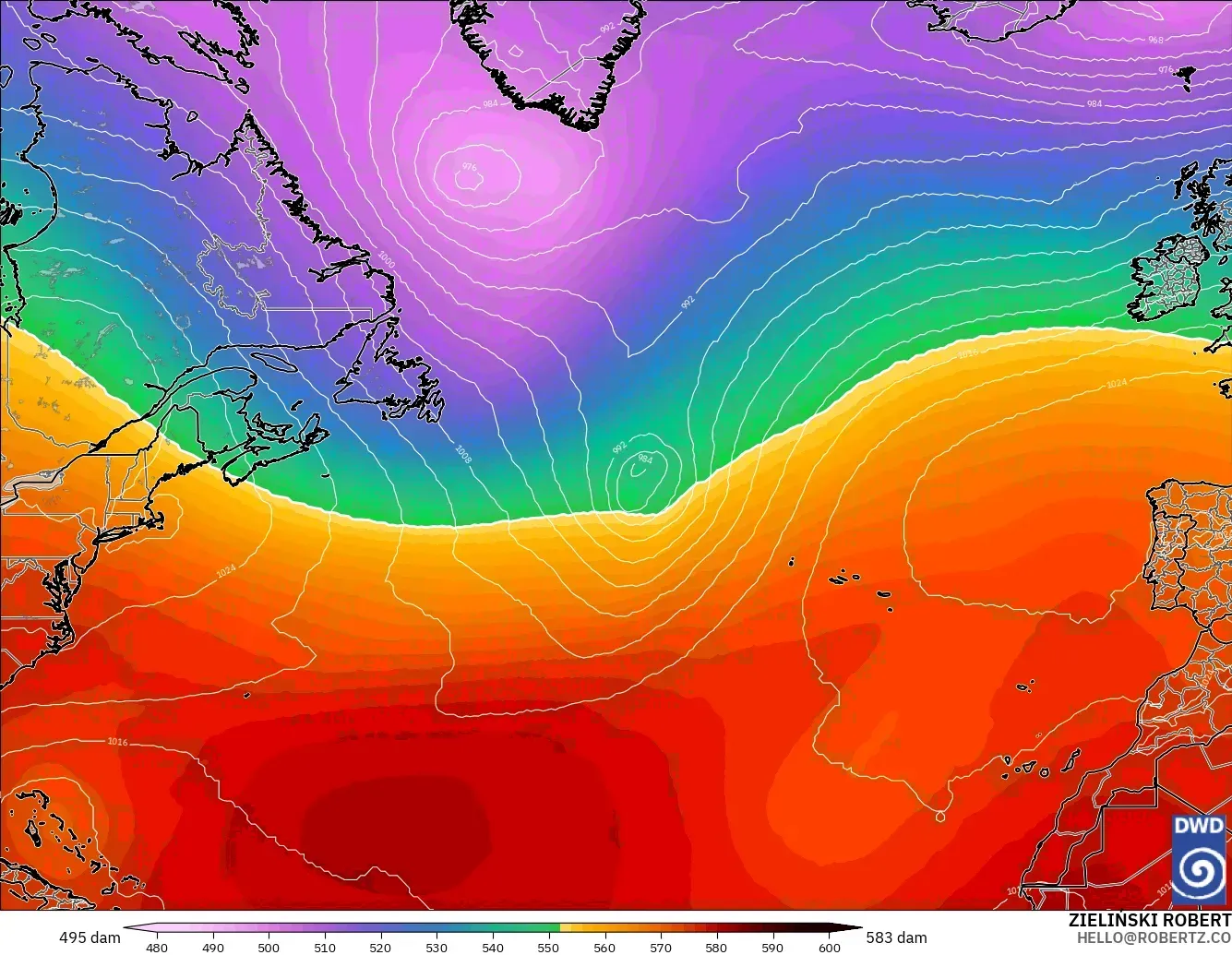 ICON model - North Atlantic, Geopotential height at 500hPa