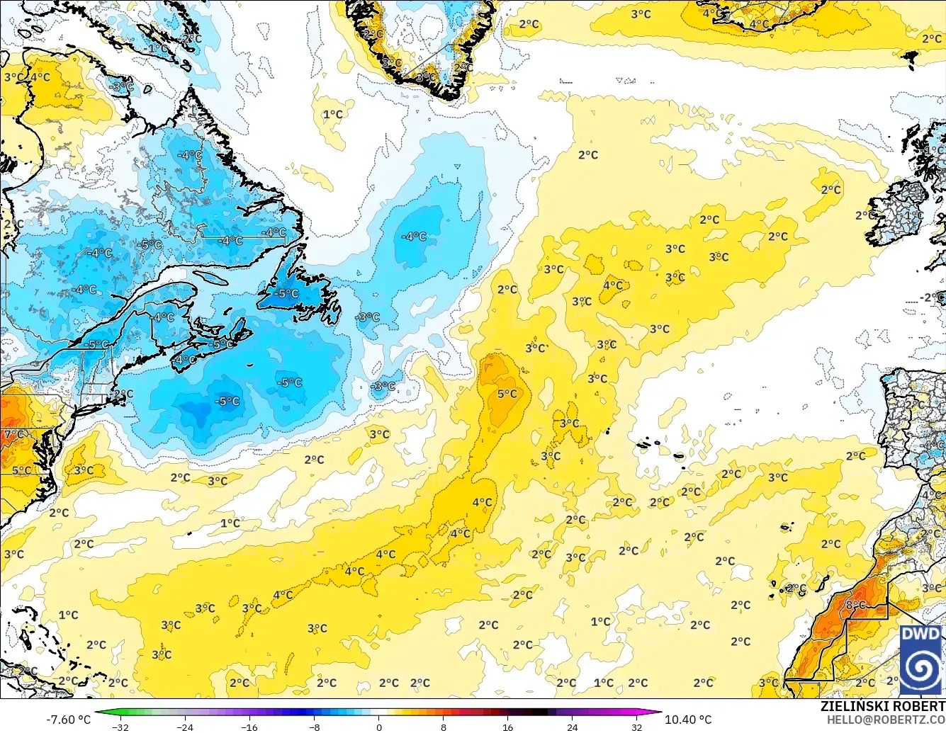 ICON model - North Atlantic, Temperature at 2m Anomaly