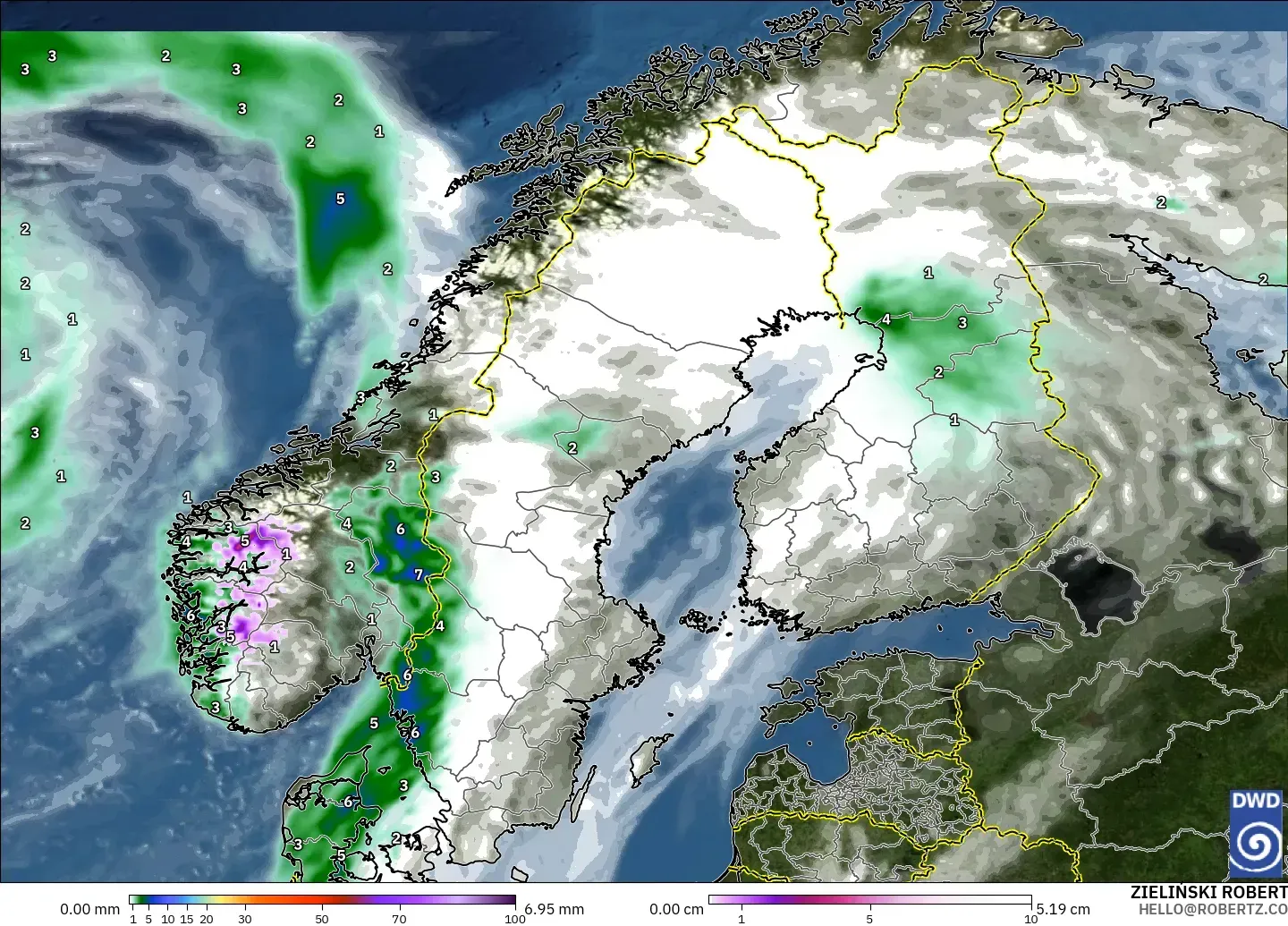 ICON model - Scandinavia, Precipitation, Clouds, and Pressure