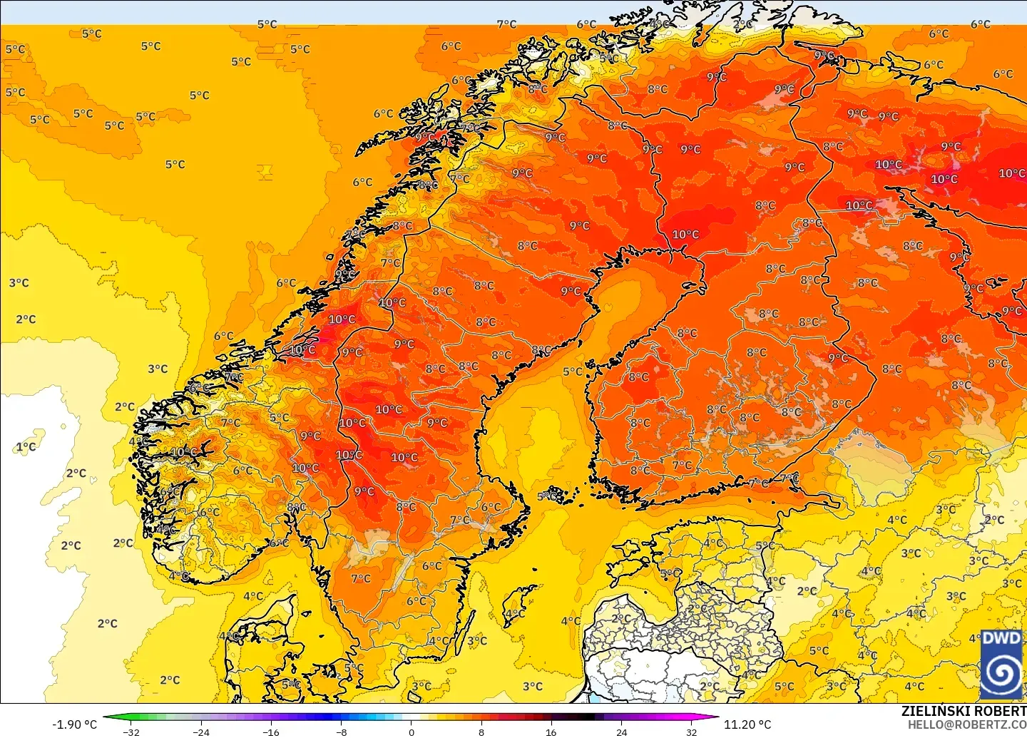 ICON model - Scandinavia, Temperature at 2m Anomaly