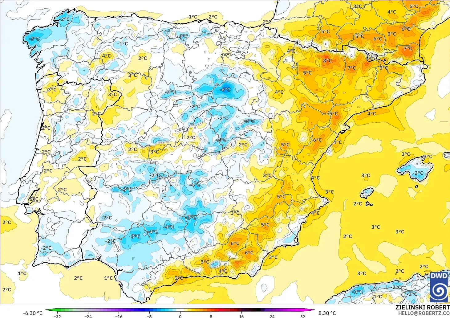 ICON model - Spain, Temperature at 2m Anomaly