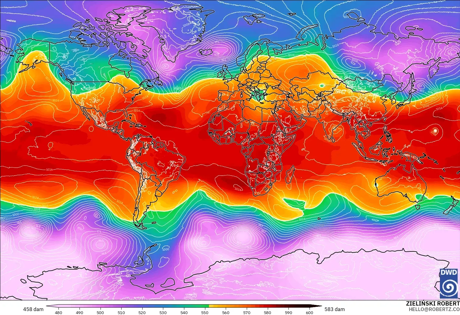 ICON model - World, Geopotential height at 500hPa
