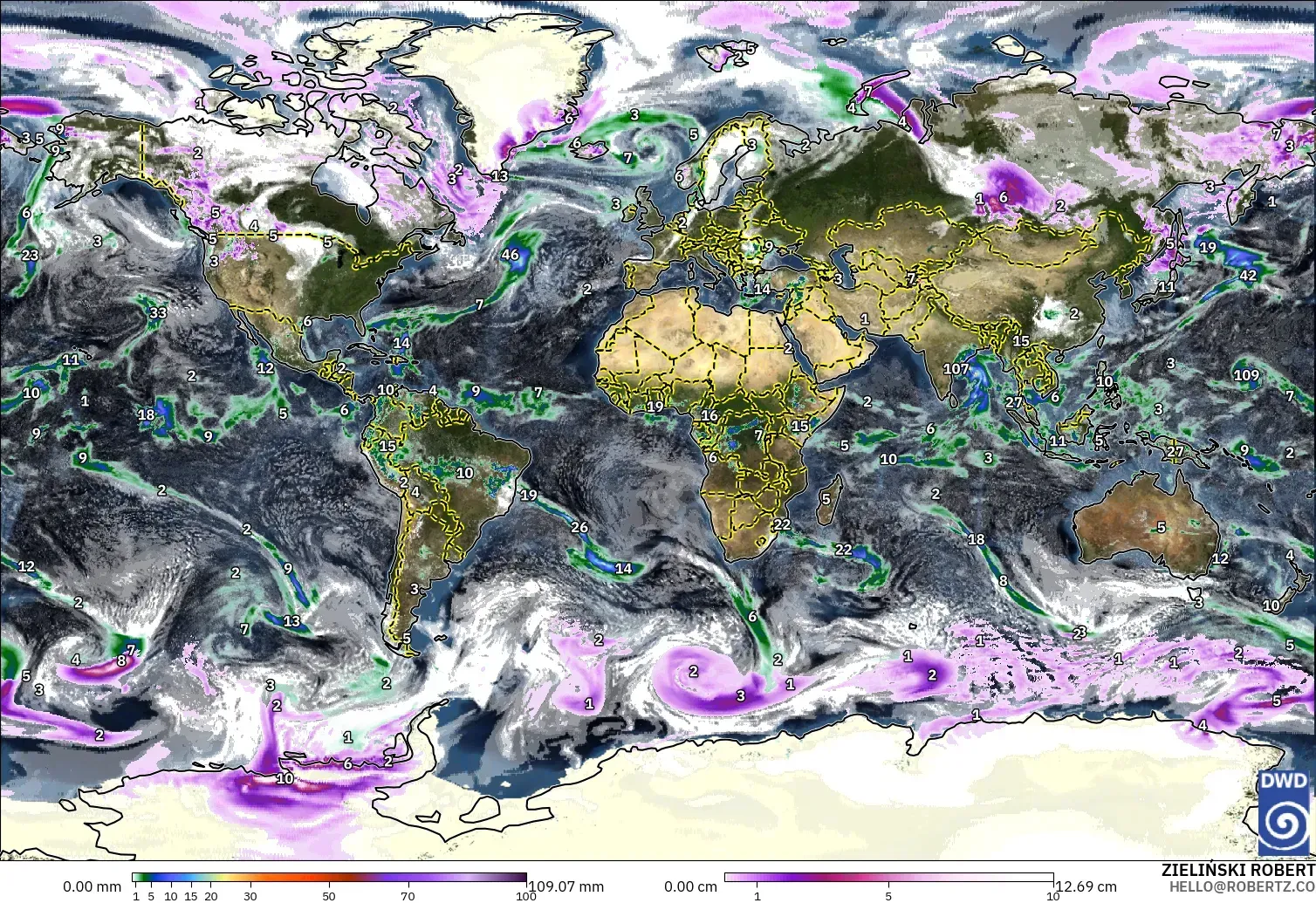 ICON model - World, Precipitation, Clouds, and Pressure