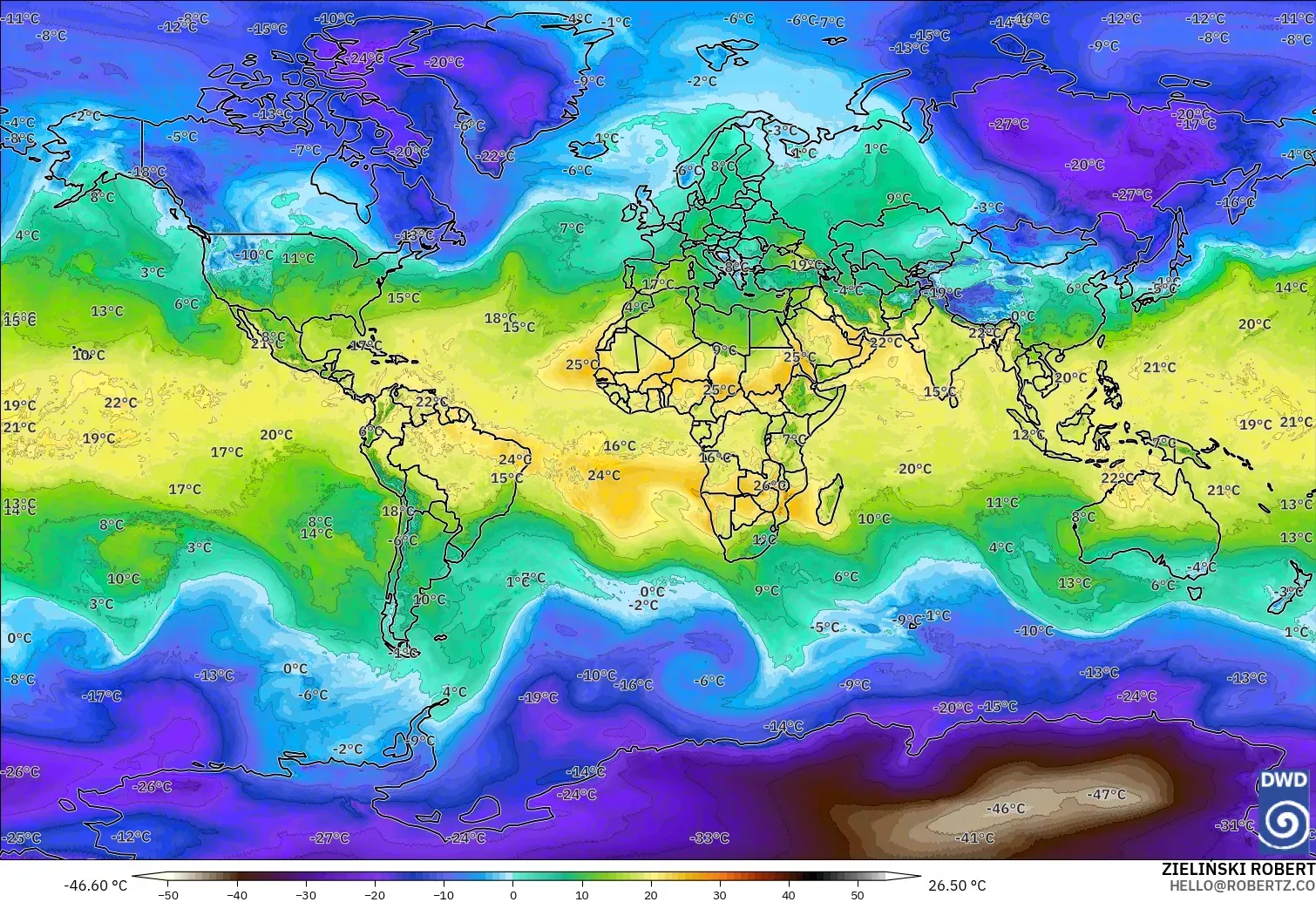 ICON model - World, Temperature at 850hPa