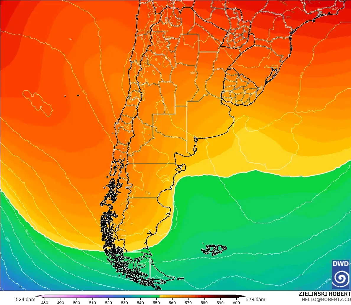 ICON model - Argentina, Geopotential height at 500hPa