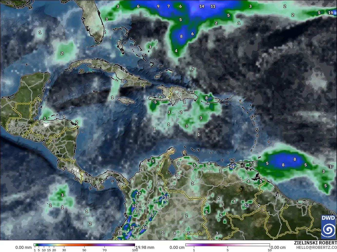 ICON model - Caribbean, Precipitation, Clouds, and Pressure