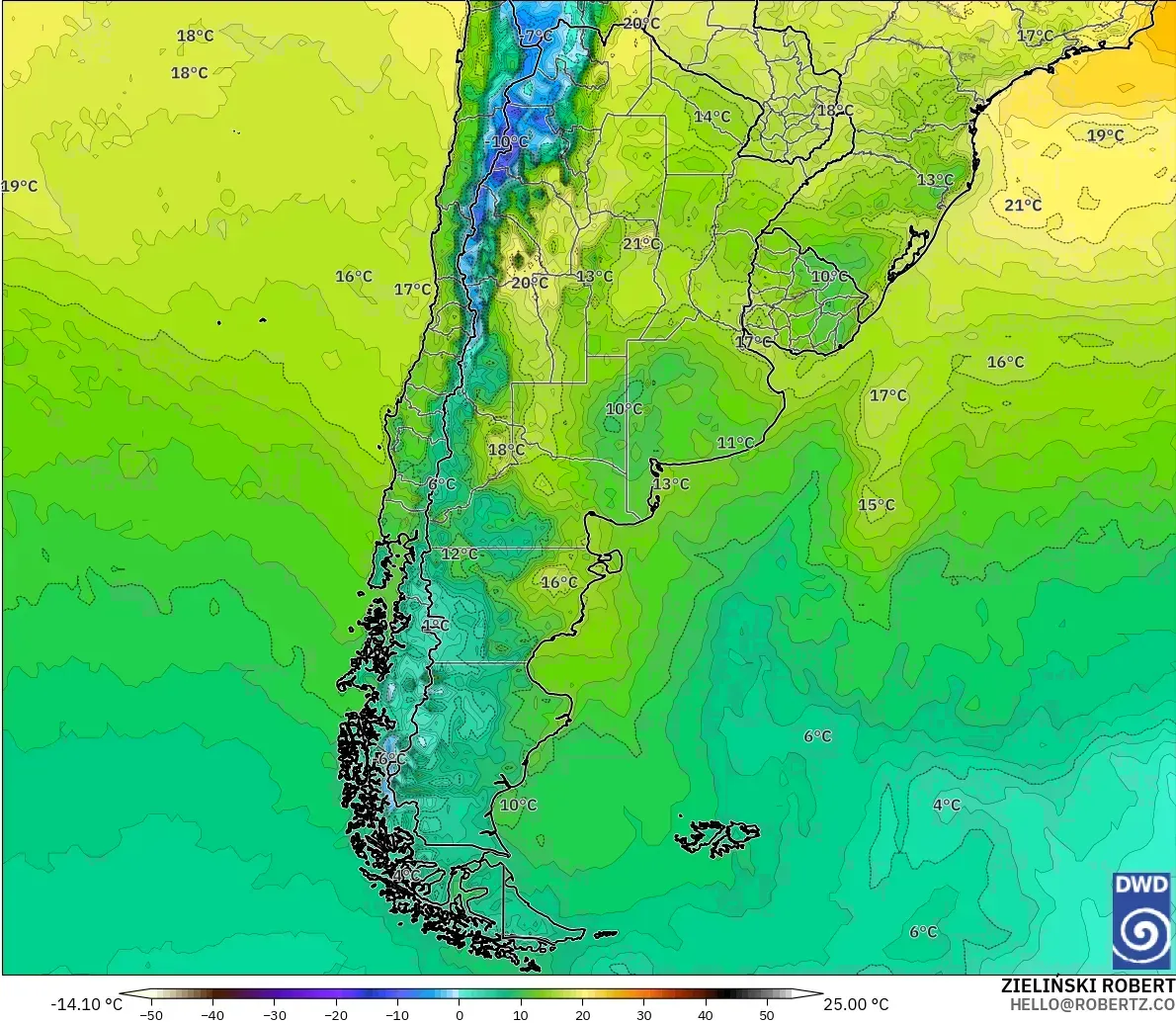 ICON model - Argentina, Temperature at 2m