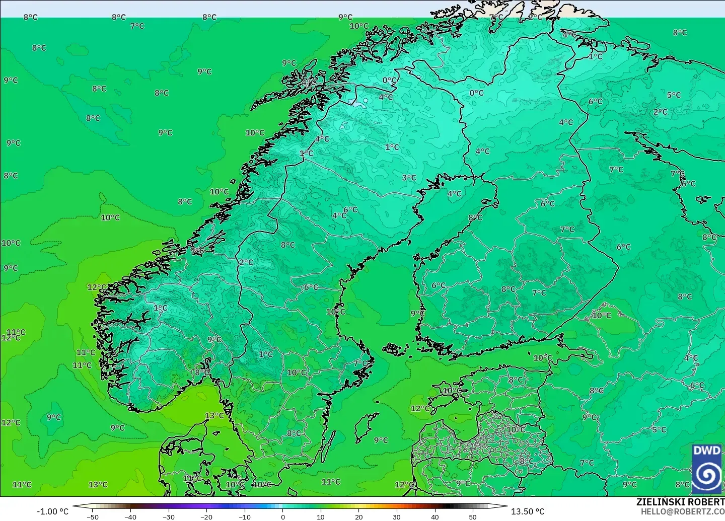 ICON model - Scandinavia, Temperature at 2m