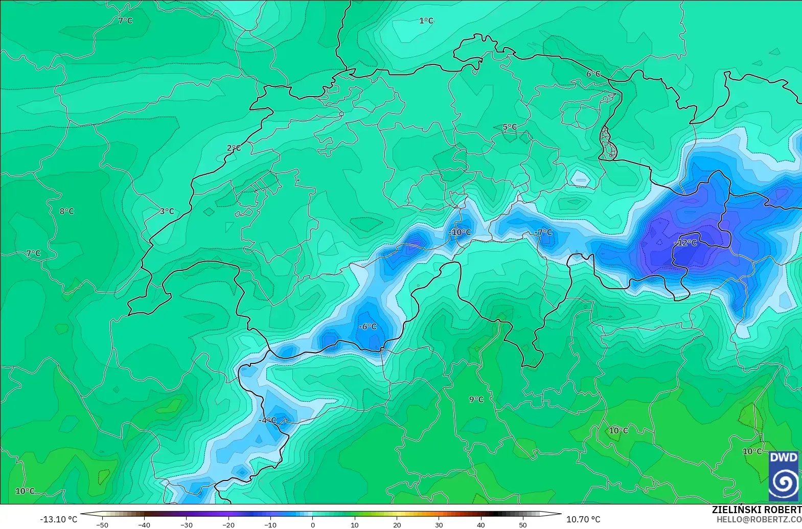 ICON model - Switzerland, Dewpoint at 2m