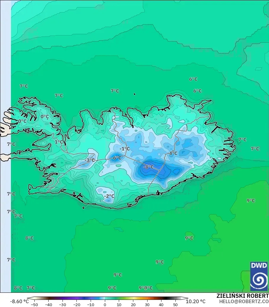 ICON model - Iceland, Temperature at 2m