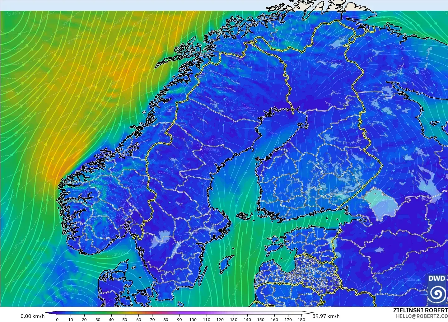 ICON model - Scandinavia, Wind at 10m